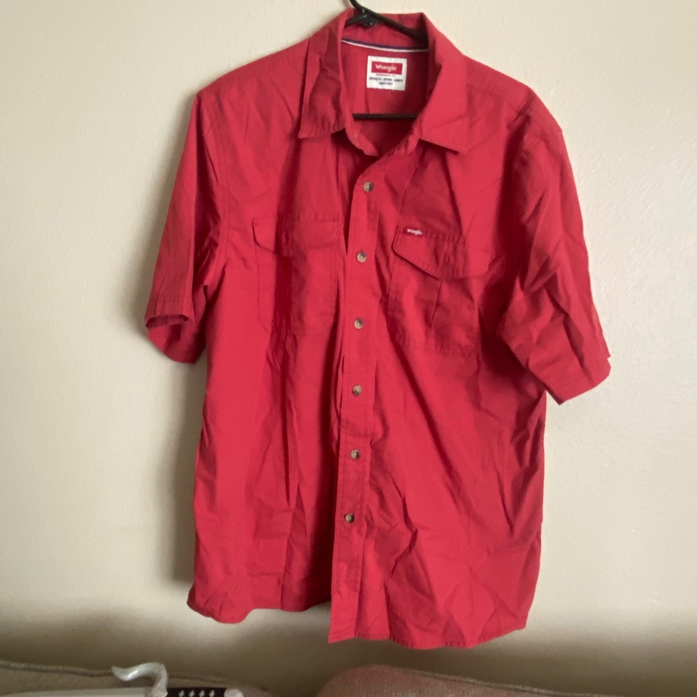 Wrangler Mens Large Short Sleeve Button Down Shirt Red Double Pocket Casual Top